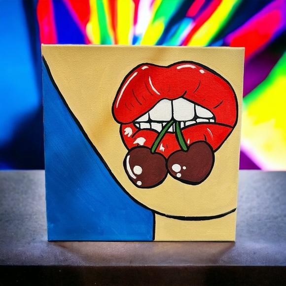 Pop art wall canvas acrylic painting lips woman decor cherry fun artwork